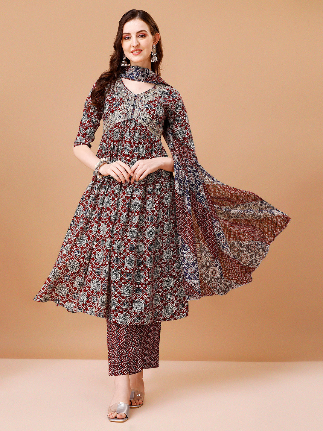 Alia Cut Embroidered & Printed Kurta With Pant & Dupatta, Multicolor - Hiral Fashion - Distacart