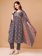 Alia Cut Embroidered & Printed Kurta With Pant & Dupatta, Multicolor - Hiral Fashion - Distacart