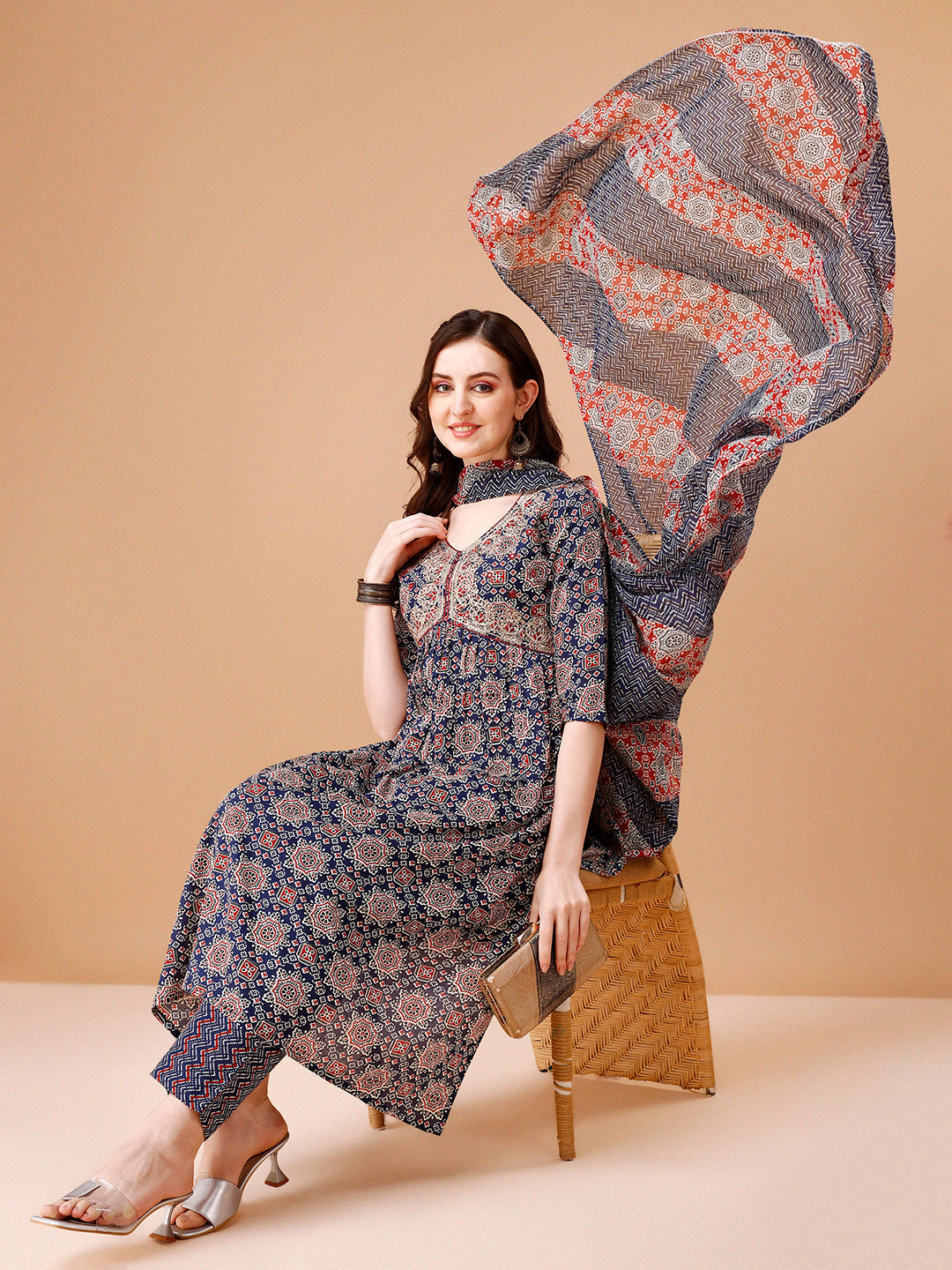 Alia Cut Embroidered & Printed Kurta With Pant & Dupatta, Multicolor - Hiral Fashion - Distacart