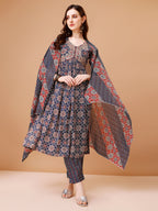 Alia Cut Embroidered & Printed Kurta With Pant & Dupatta, Multicolor - Hiral Fashion - Distacart