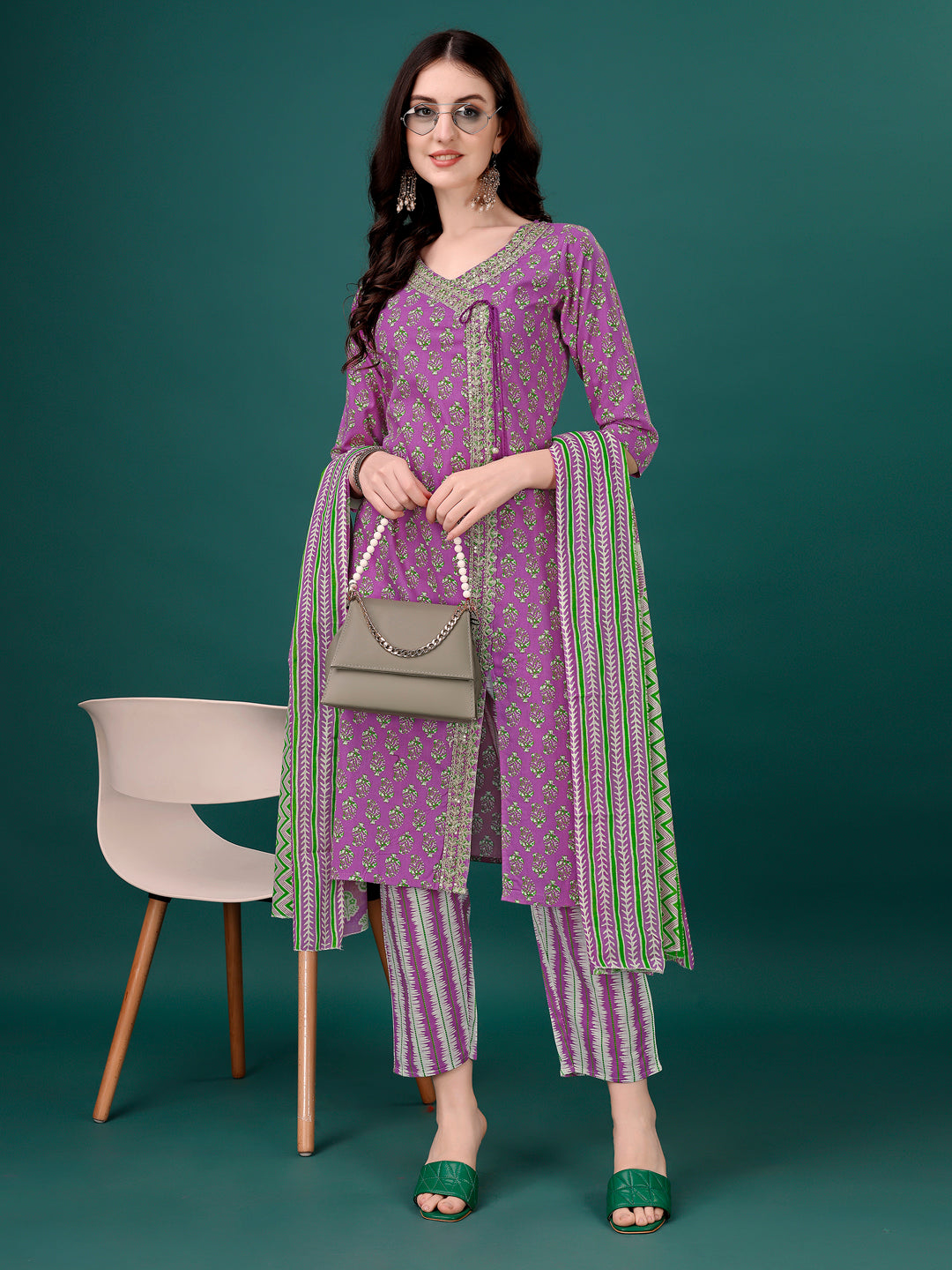 Embroidered & Printed Angrakha Style Kurta With Printed Pant & Dupatta, Multicolor - Hiral Fashion - Distacart