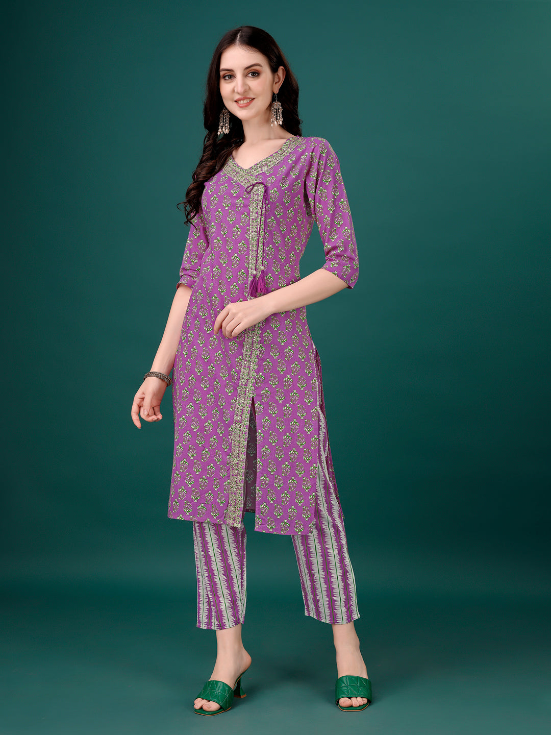 Embroidered & Printed Angrakha Style Kurta With Printed Pant & Dupatta, Multicolor - Hiral Fashion - Distacart