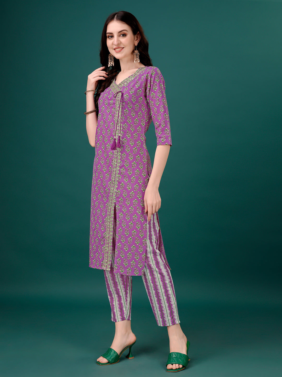 Embroidered & Printed Angrakha Style Kurta With Printed Pant & Dupatta, Multicolor - Hiral Fashion - Distacart