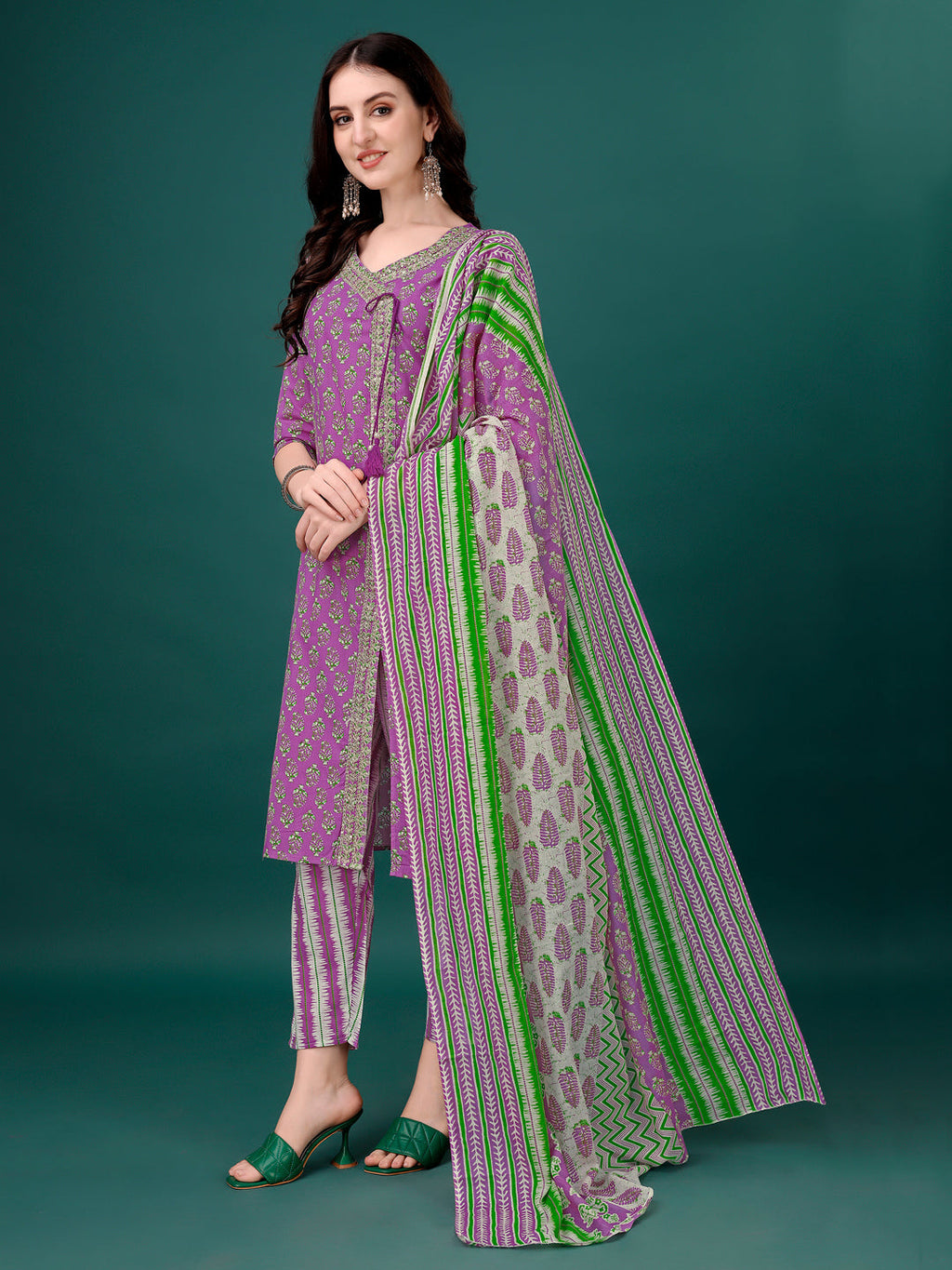 Embroidered & Printed Angrakha Style Kurta With Printed Pant & Dupatta, Multicolor - Hiral Fashion - Distacart