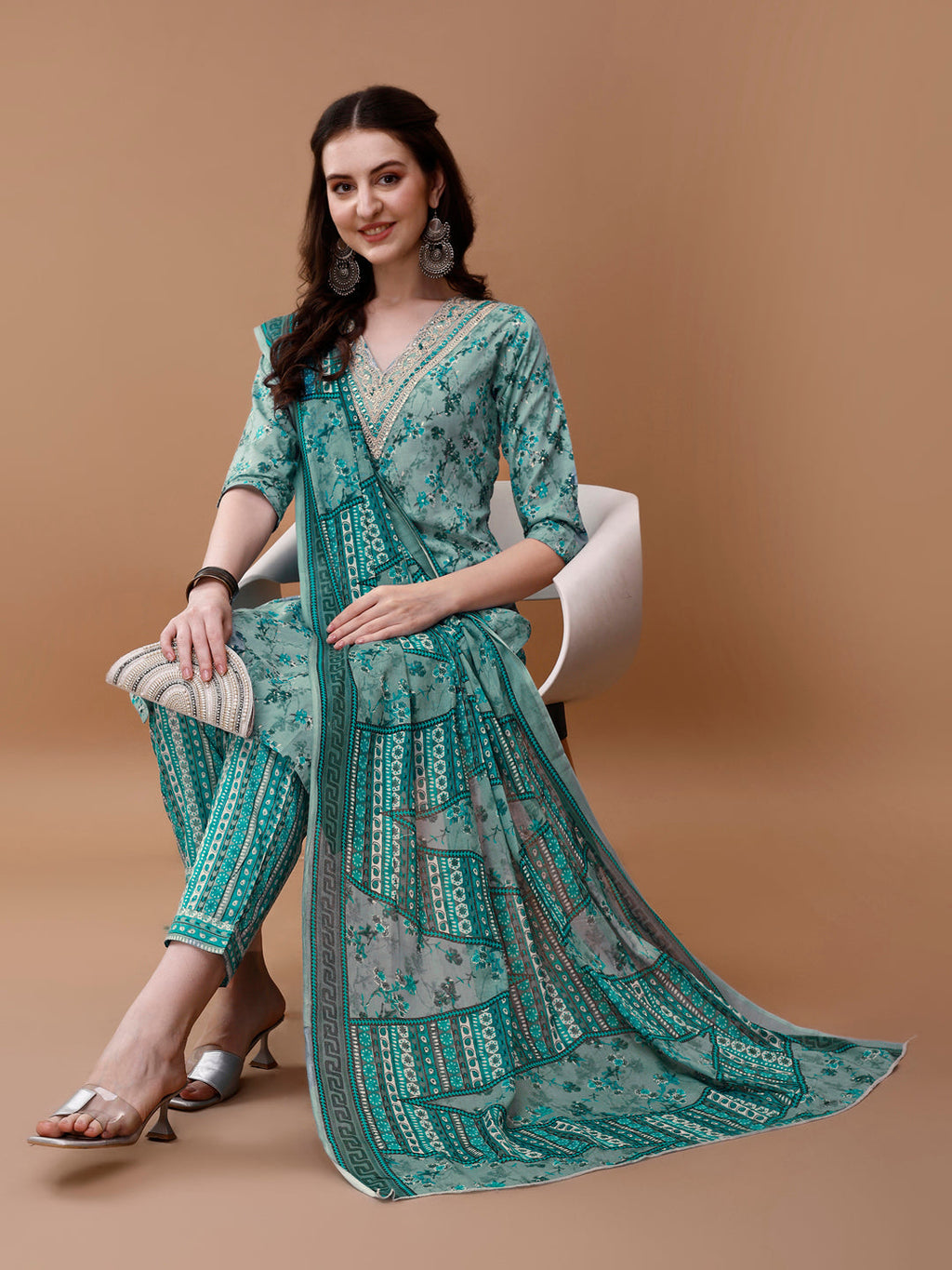 Embroidered And Floral Printed Kurta With Pant & Dupatta, Multicolor - Hiral Fashion - Distacart