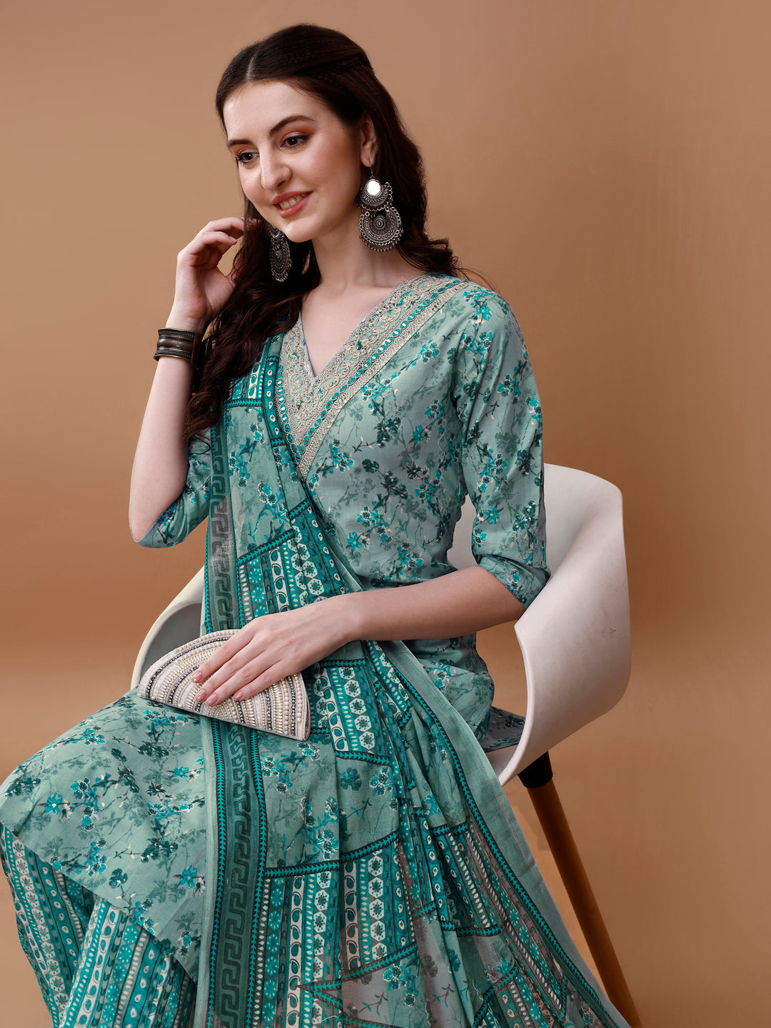 Embroidered And Floral Printed Kurta With Pant & Dupatta, Multicolor - Hiral Fashion - Distacart