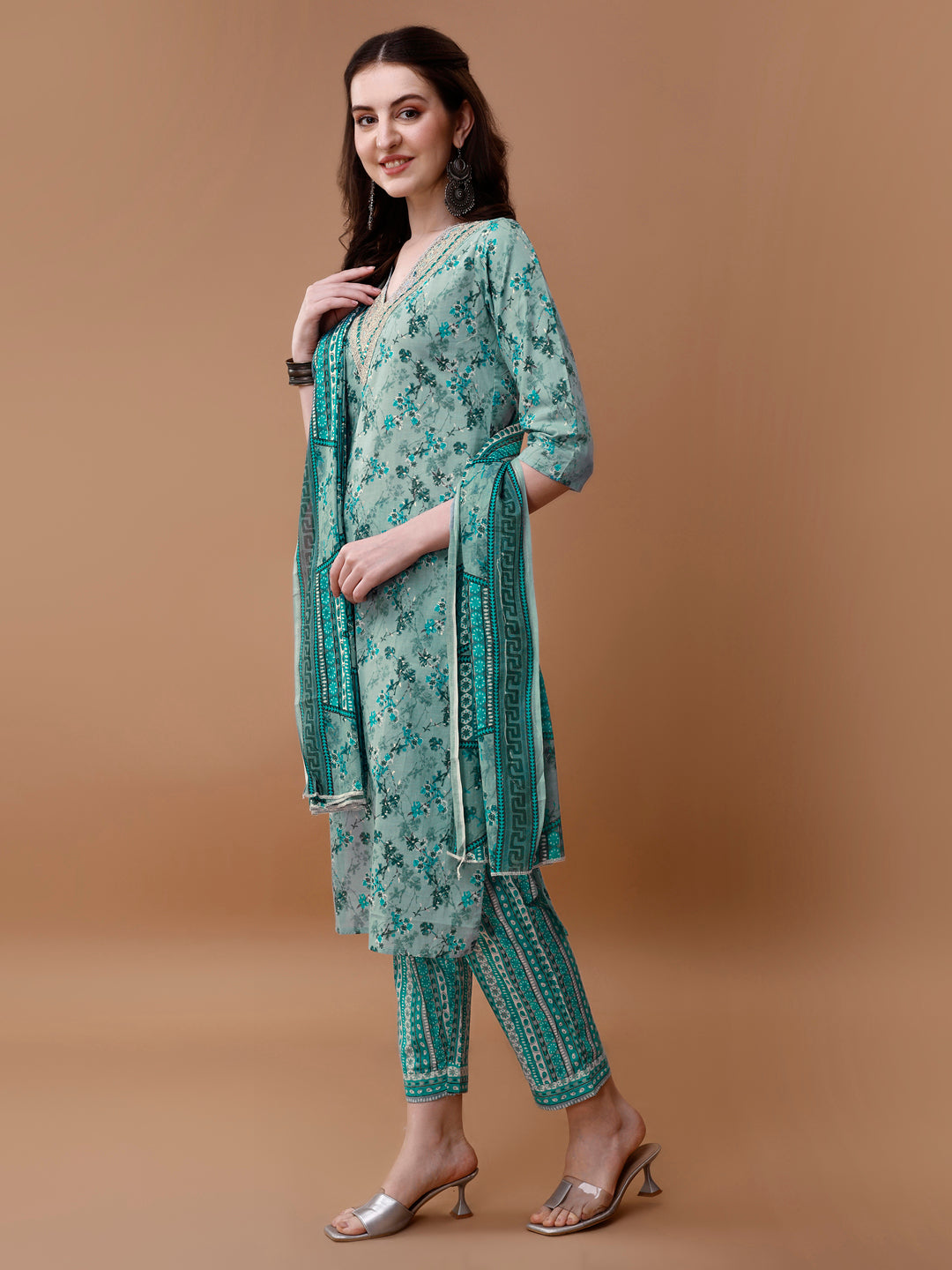 Embroidered And Floral Printed Kurta With Pant & Dupatta, Multicolor - Hiral Fashion - Distacart