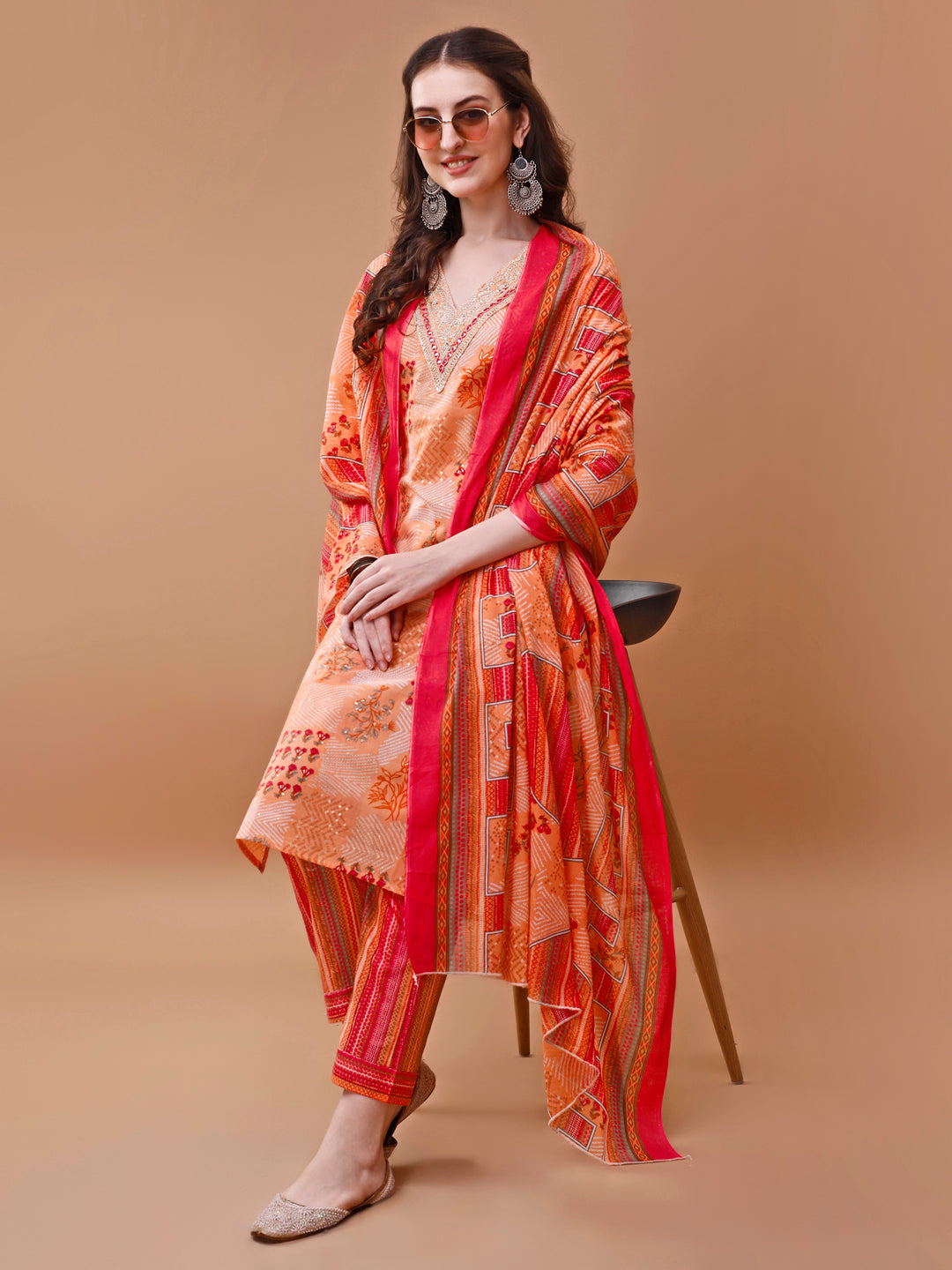 Embroidered And Floral Printed Kurta With Pant & Dupatta, Multicolor - Hiral Fashion - Distacart