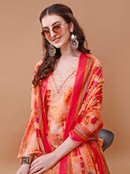Embroidered And Floral Printed Kurta With Pant & Dupatta, Multicolor - Hiral Fashion - Distacart