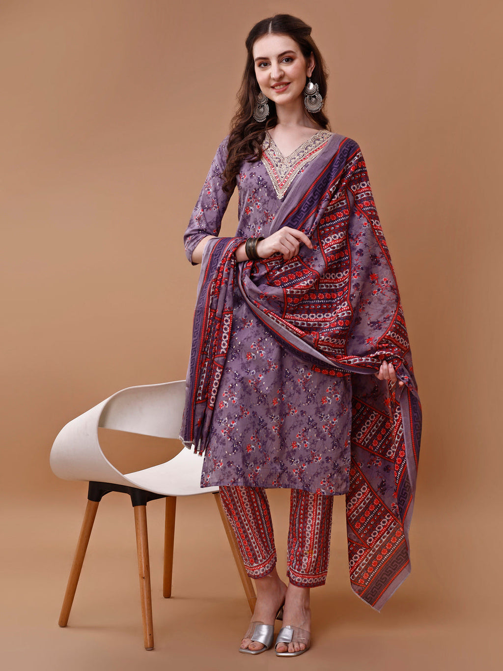 Embroidered And Floral Printed Kurta With Pant & Dupatta, Multicolor - Hiral Fashion