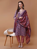Embroidered And Floral Printed Kurta With Pant & Dupatta, Multicolor - Hiral Fashion