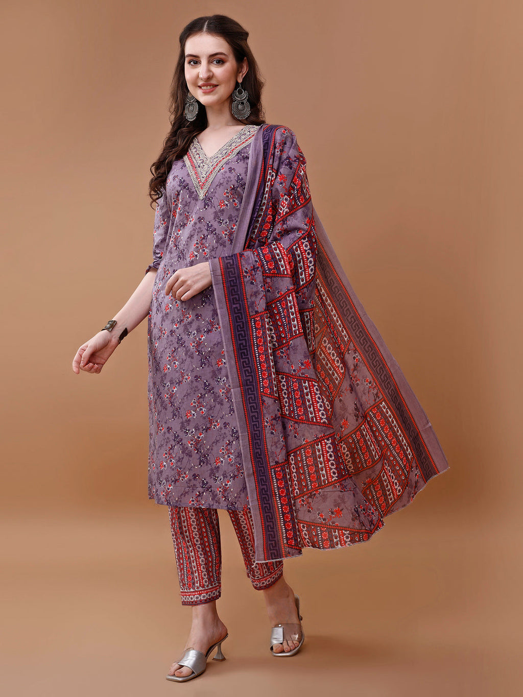 Embroidered And Floral Printed Kurta With Pant & Dupatta, Multicolor - Hiral Fashion
