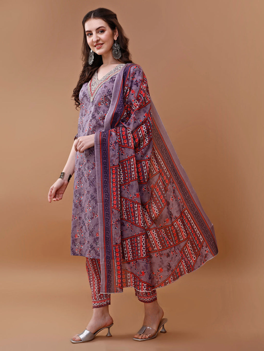 Embroidered And Floral Printed Kurta With Pant & Dupatta, Multicolor - Hiral Fashion