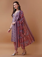 Embroidered And Floral Printed Kurta With Pant & Dupatta, Multicolor - Hiral Fashion