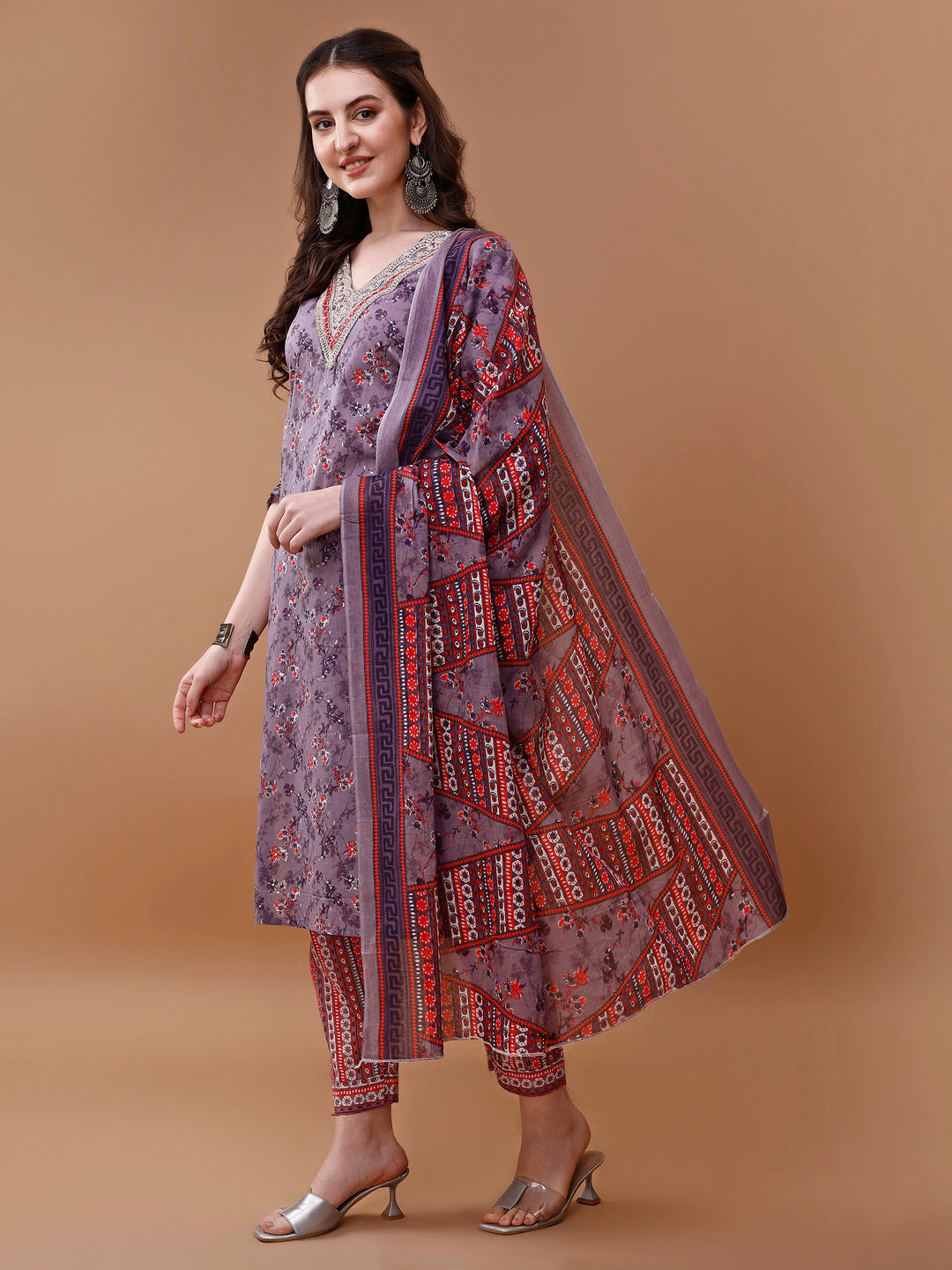 Embroidered And Floral Printed Kurta With Pant & Dupatta, Multicolor - Hiral Fashion