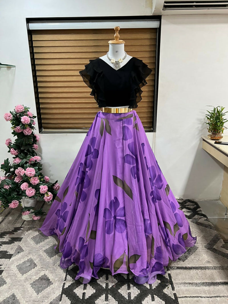 Dishitha Creation Floral Printed Stitched Lehenga & Crop Top - Black & Pink