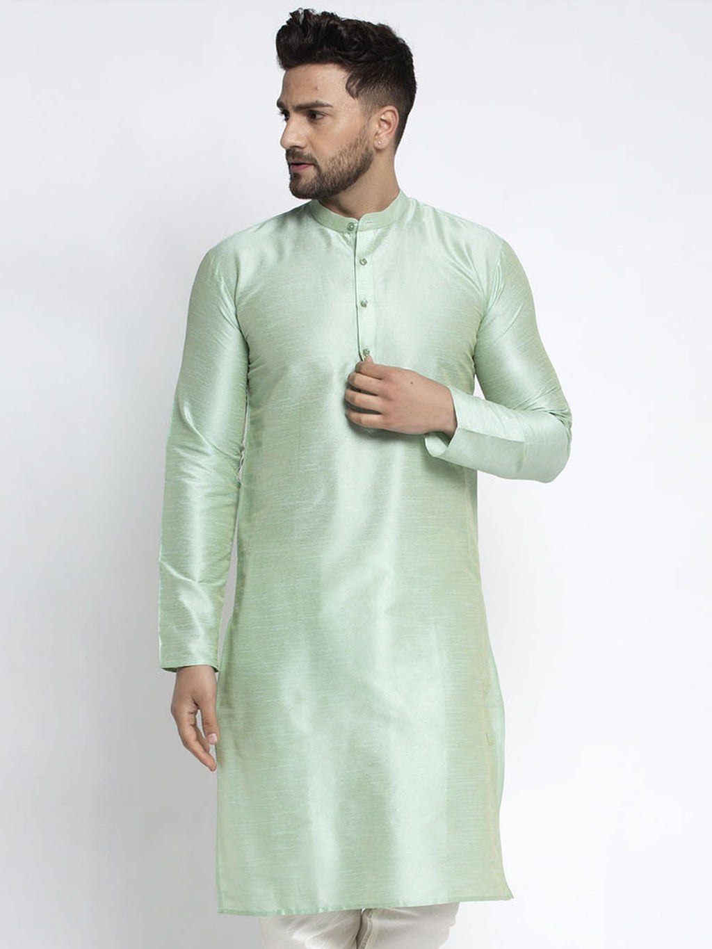 Jompers Men's Green Solid Dupion Silk Kurta Only