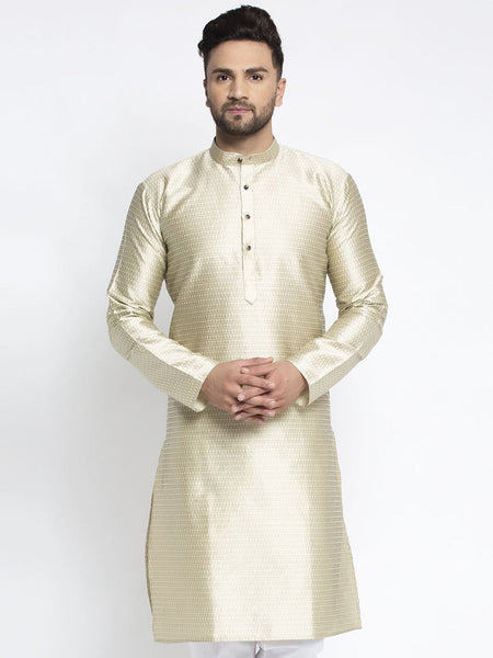 Jompers Men Beige & White Woven Design Kurta Only
