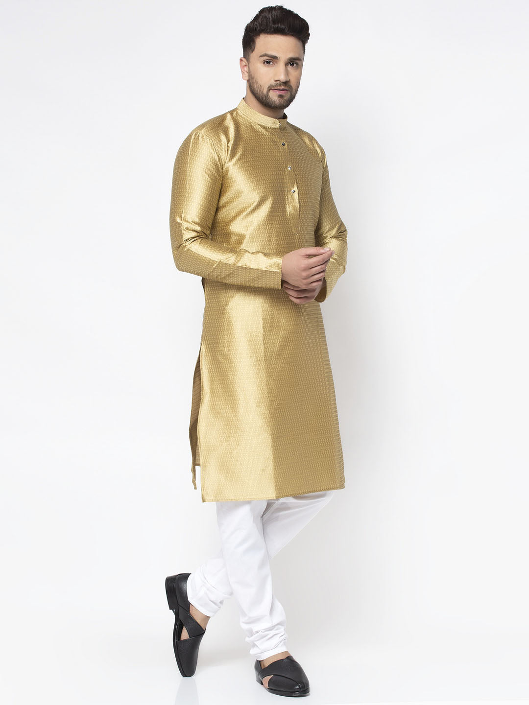 Jompers Men Mustard & White Woven Design Kurta Only - Distacart