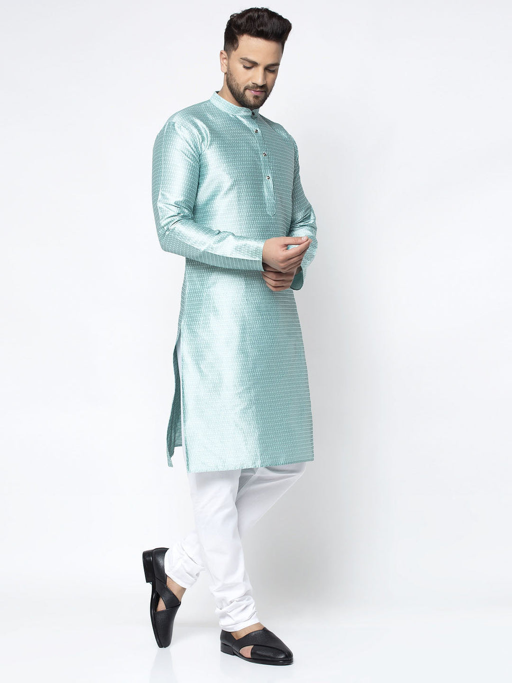 Jompers Men Sky Blue & White Woven Design Kurta Only - Distacart