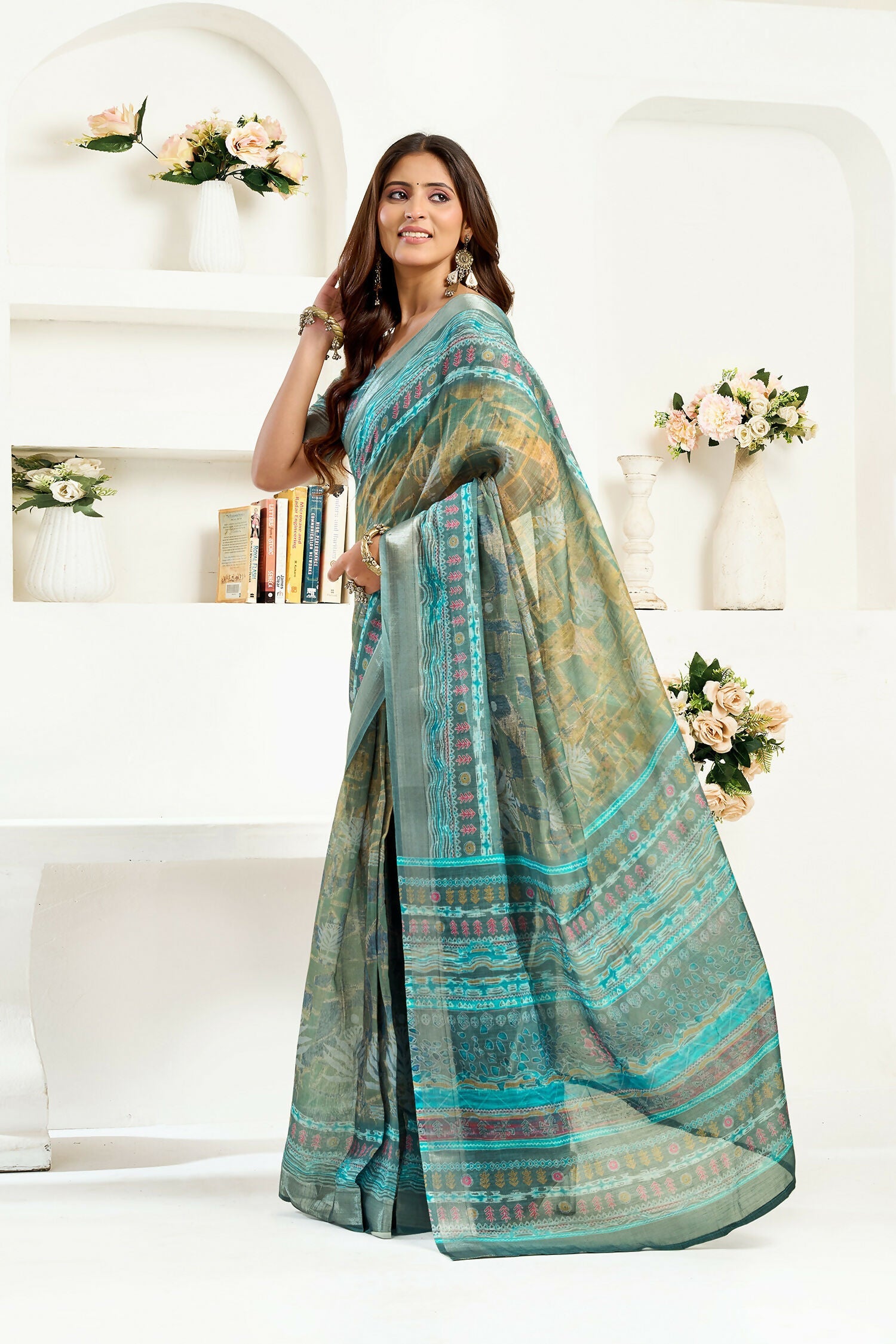 Joban Fashion Petrol Ethinic Motifs Linen Ready To Wear Saree With Unstitched Blouse - Distacart