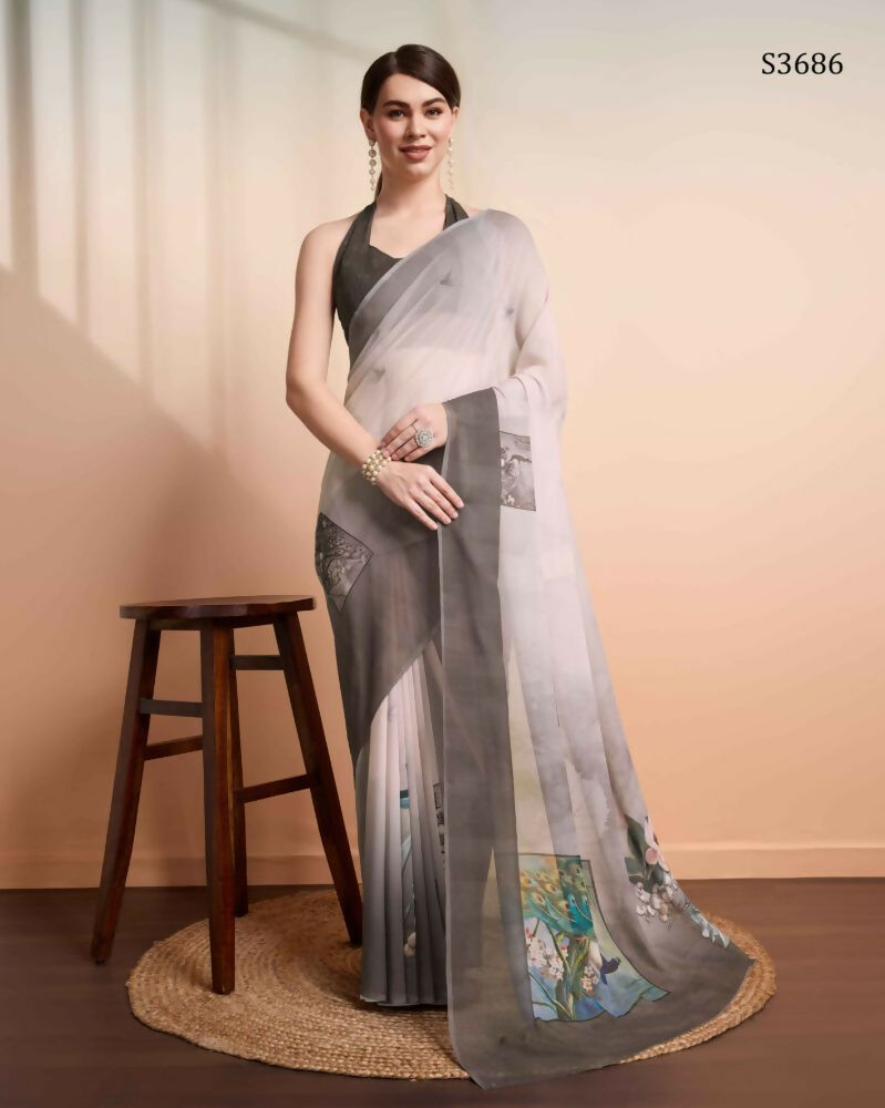 Grey Georgette Designer Printed Party Wear Saree - Cinderella