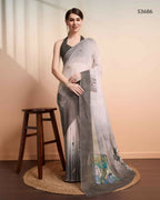 Grey Georgette Designer Printed Party Wear Saree - Cinderella