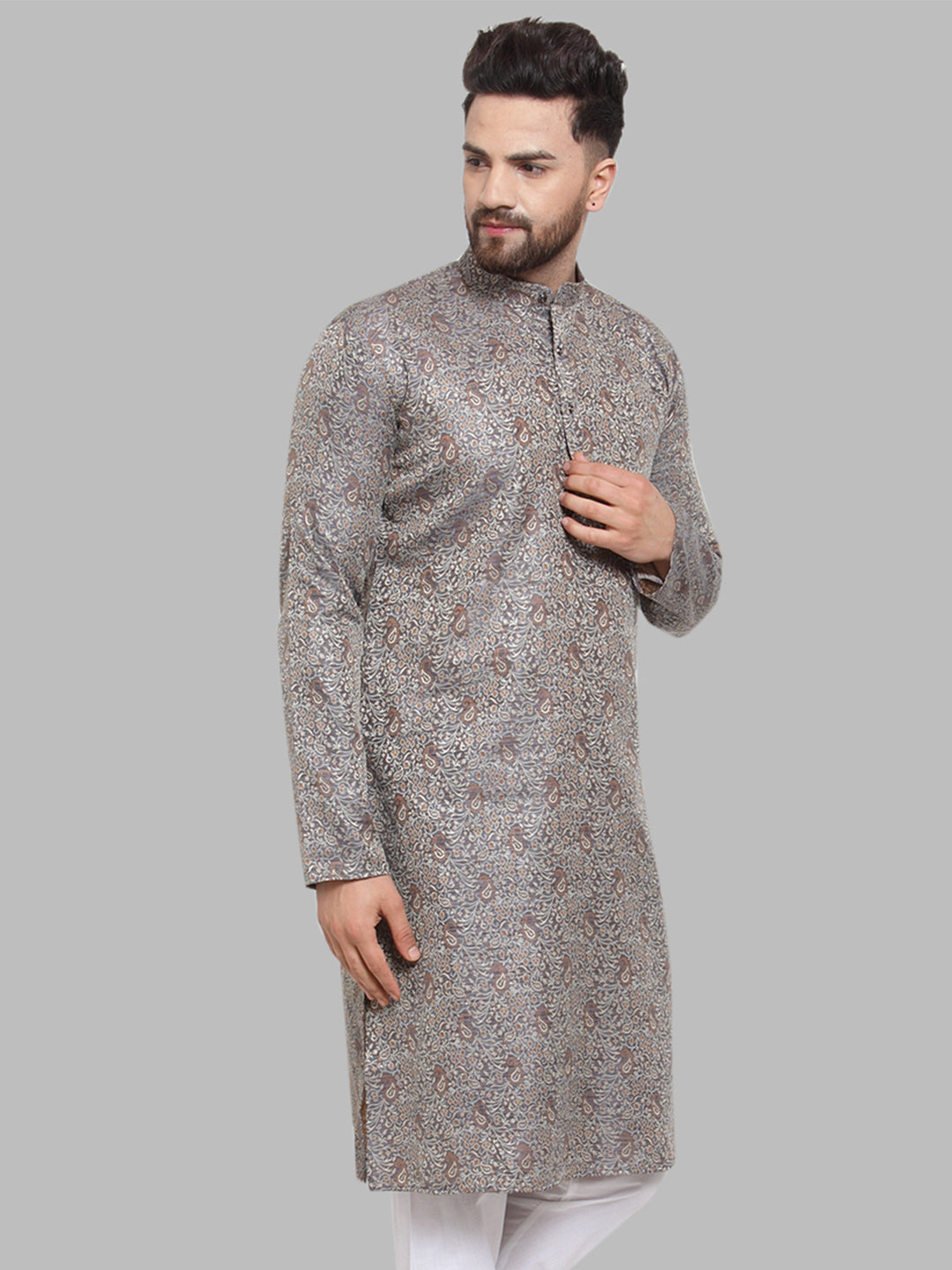 Jompers Men Grey & White Woven Design Kurta Only - Distacart
