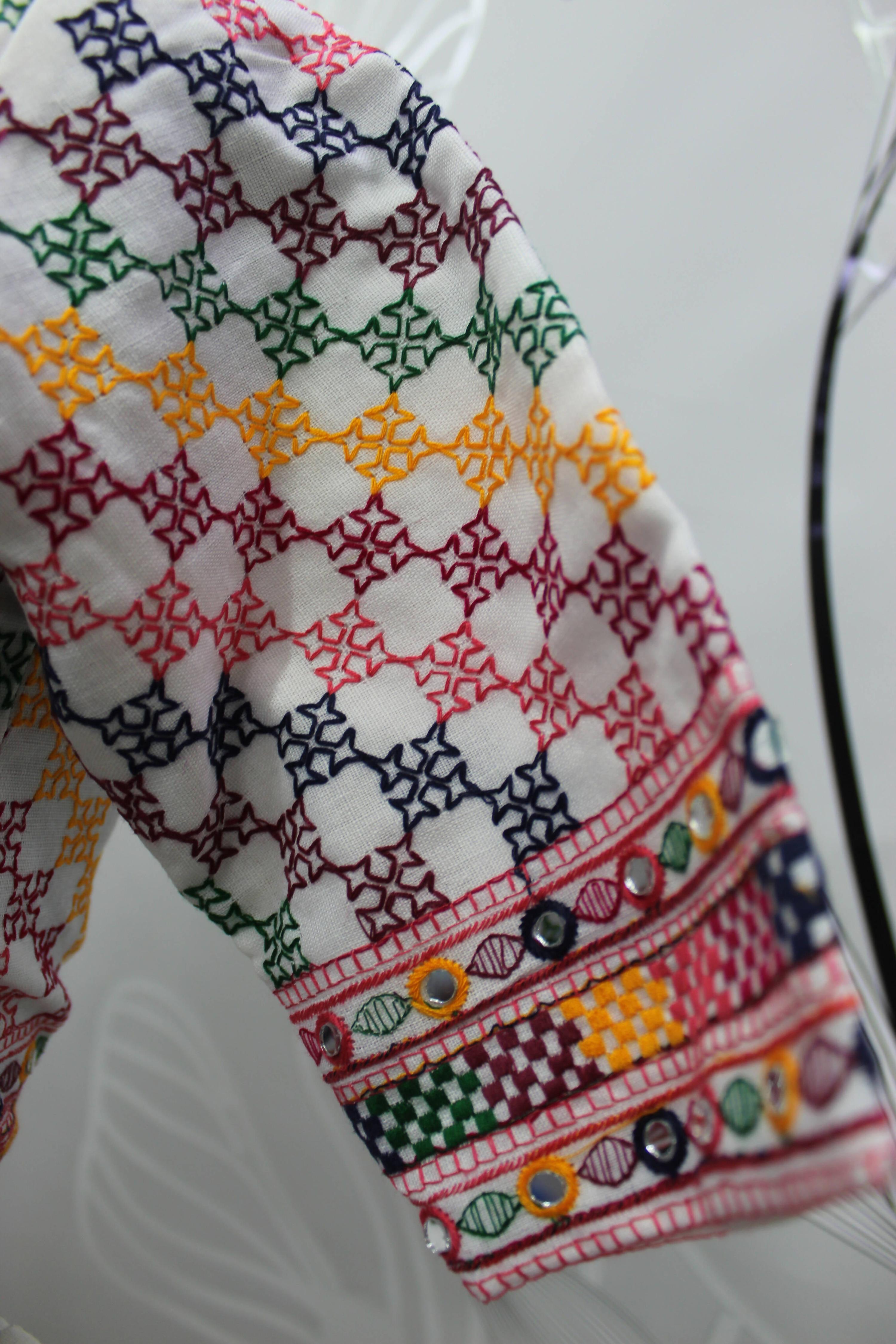 White Jacqard Cotton Thread Embroidered Navratri Lehenga Choli with Dupatta - Raas