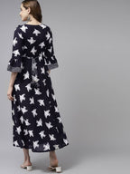 Yufta Black & White Pure Cotton Bird Print Maxi Flared Dress