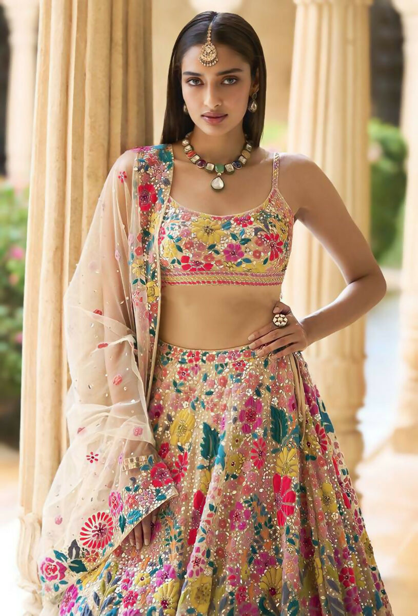 Jyoti Fashion Multicolor Thread & 5mm Sequence Embroidery Georgette Lehenga Choli with Dupatta