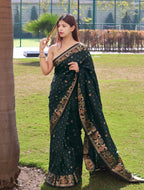 DEIANA'S Beautiful Designer Golden zari Soft Lichi Silk Saree - Green