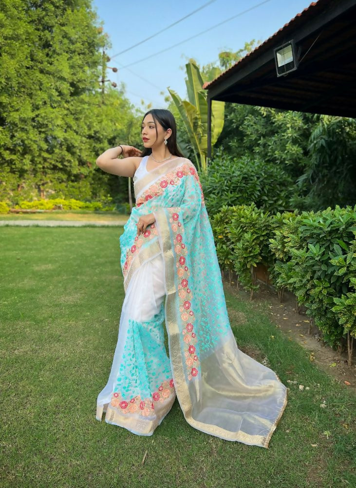 Vamsee Radhika Jaal Sky Organza Silk Saree