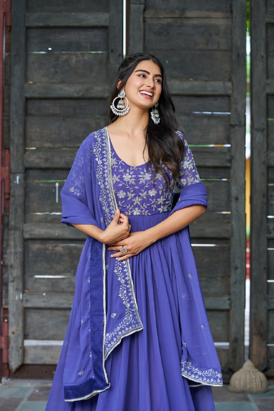 Lehenga Mart Premium Readymade Gown With Dupatta Set For Women-Blue - Distacart