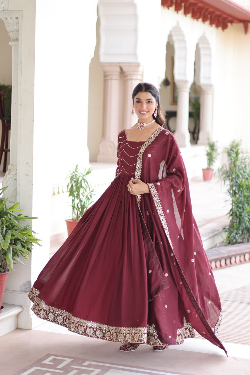 Lehenga Mart Premium Readymade Gown With Dupatta Set For Women-Brown - Distacart