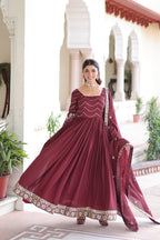 Lehenga Mart Premium Readymade Gown With Dupatta Set For Women-Brown - Distacart