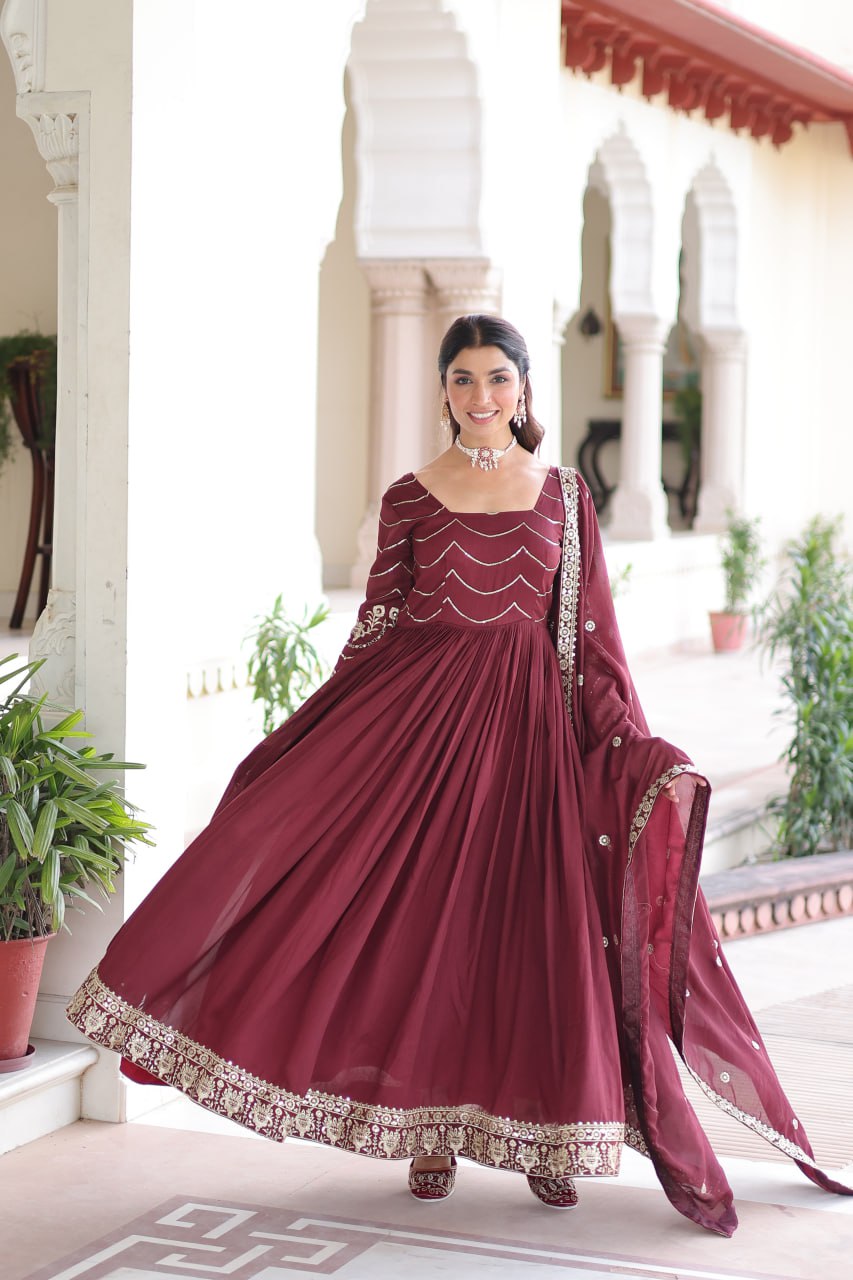 Lehenga Mart Premium Readymade Gown With Dupatta Set For Women-Brown - Distacart