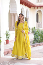 Lehenga Mart Premium Readymade Gown With Dupatta Set For Women-Yellow - Distacart