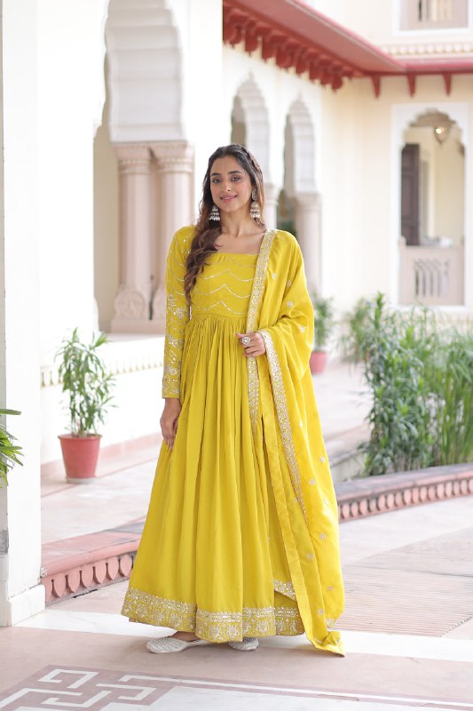 Lehenga Mart Premium Readymade Gown With Dupatta Set For Women-Yellow - Distacart