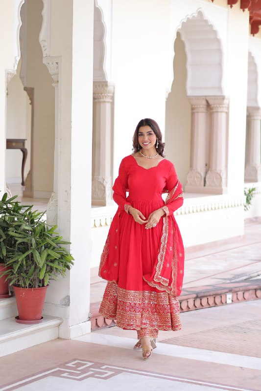 Lehenga Mart Designer Anarkali Suit Ready To Wear Kurta Pant With Dupatta For Women-Red - Distacart