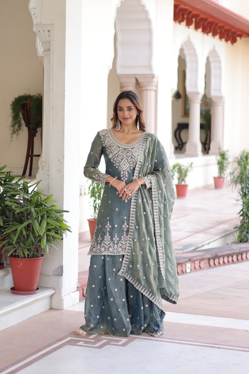 Lehenga Mart Premium Readymade Top Sharara With Dupatta Set For Women-Grey - Distacart
