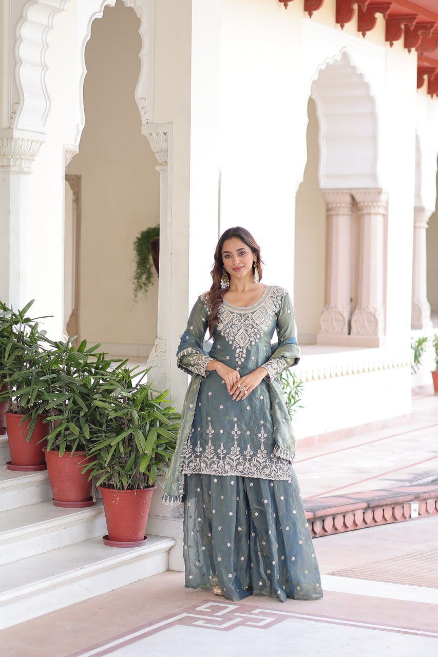 Lehenga Mart Premium Readymade Top Sharara With Dupatta Set For Women-Grey - Distacart