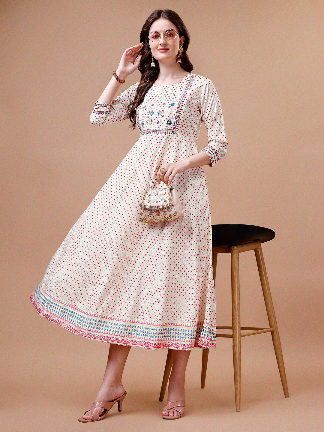 Embroidered Printed Pink Rayon Ethnic Dress, Multicolor - Hiral Fashion