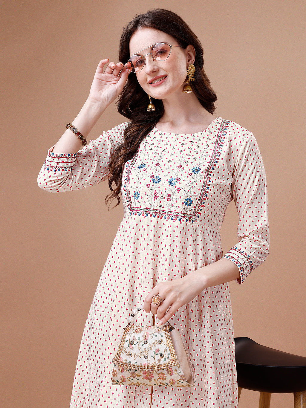 Embroidered Printed Pink Rayon Ethnic Dress, Multicolor - Hiral Fashion
