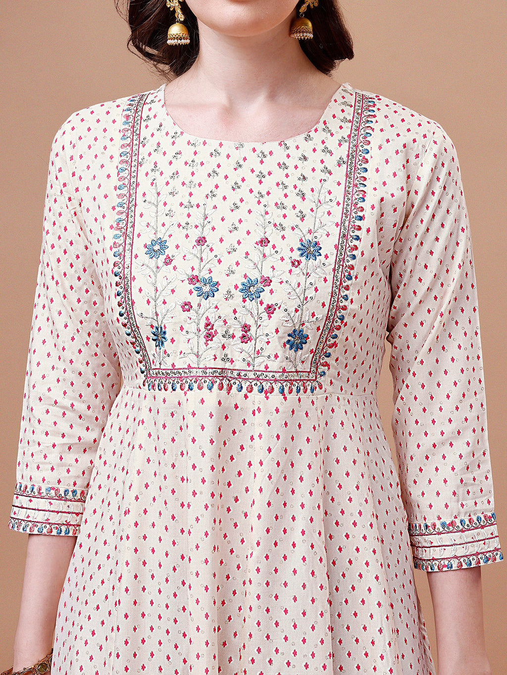 Embroidered Printed Pink Rayon Ethnic Dress, Multicolor - Hiral Fashion