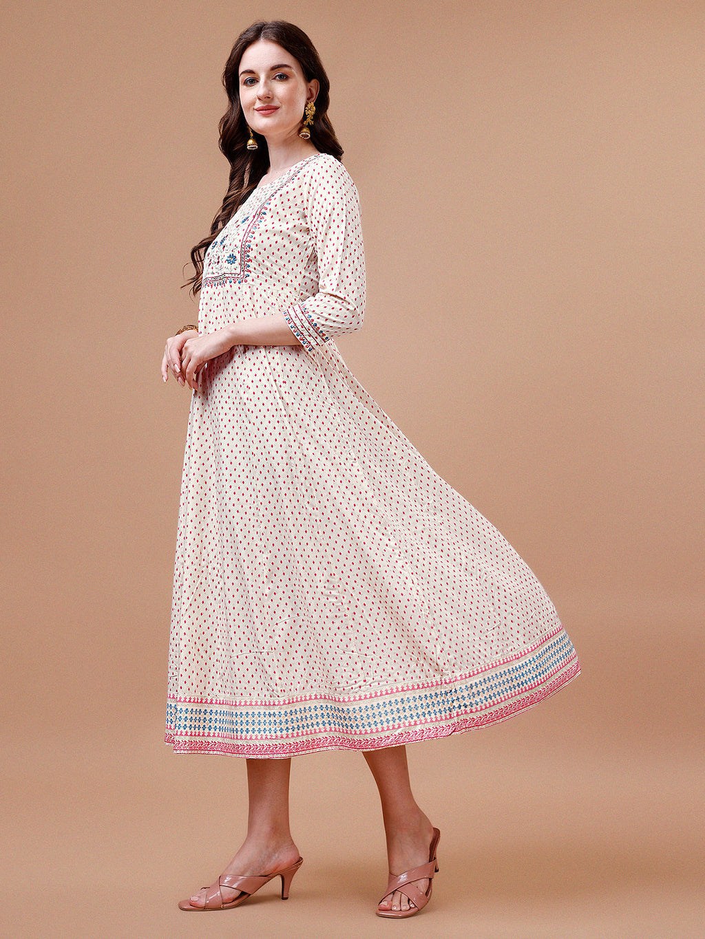 Embroidered Printed Pink Rayon Ethnic Dress, Multicolor - Hiral Fashion