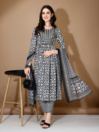 Embroidered & Printed Nyra Cut Kurta With Pant & Dupatta, Black - Hiral Fashion - Distacart