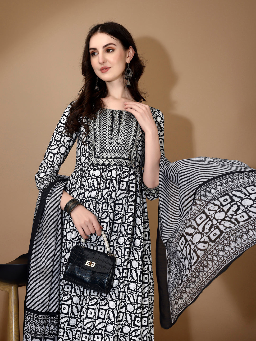 Embroidered & Printed Nyra Cut Kurta With Pant & Dupatta, Black - Hiral Fashion - Distacart