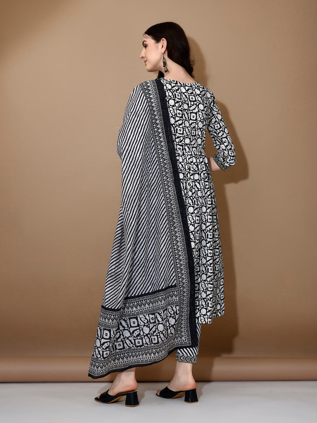Embroidered & Printed Nyra Cut Kurta With Pant & Dupatta, Black - Hiral Fashion - Distacart