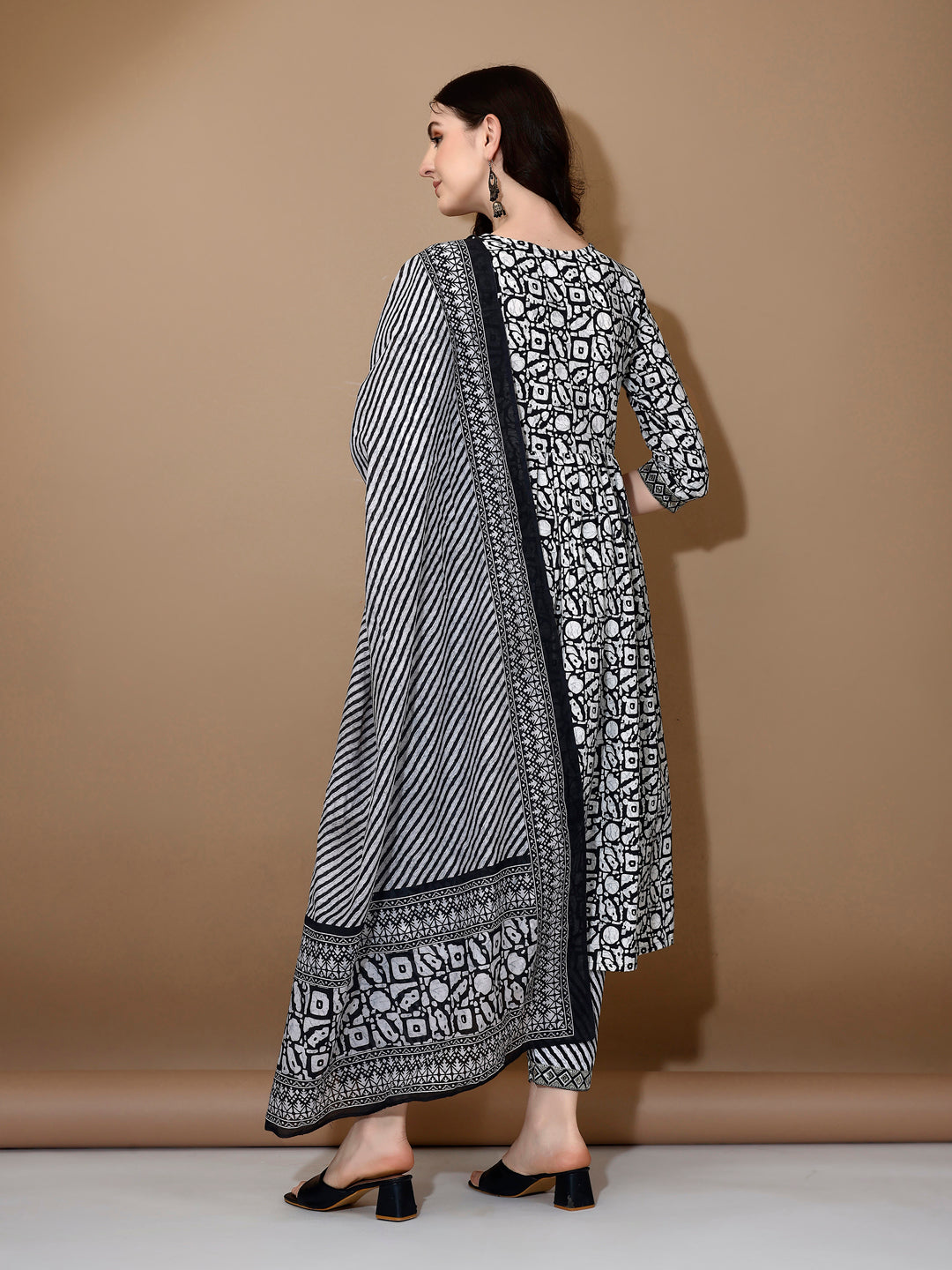 Embroidered & Printed Nyra Cut Kurta With Pant & Dupatta, Black - Hiral Fashion - Distacart